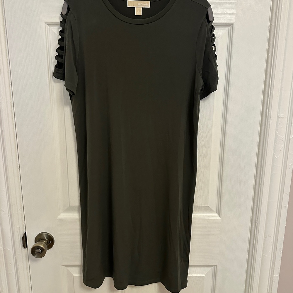 Michael Kors Dark Green Mini Dress with Cut-Out Sleeves